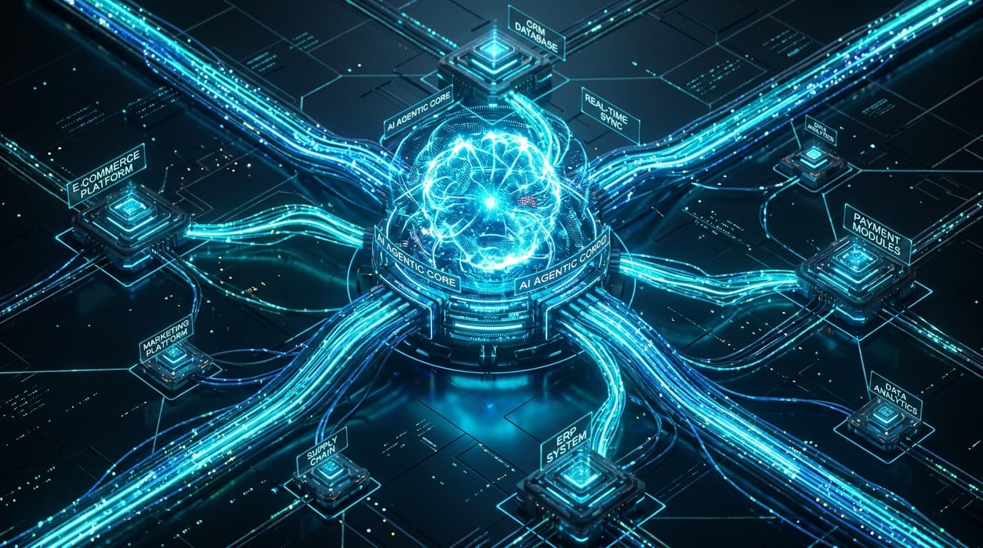 Núcleo agéntico con sistemas conectados por cables y flujo de datos