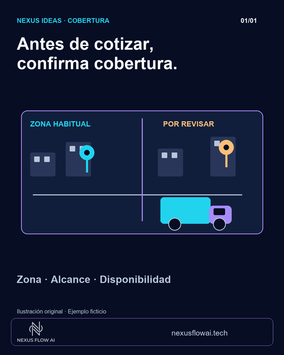 Ilustración original de un vehículo de entregas entre una zona habitual y otra pendiente de revisión. Caso ficticio, no cobertura real de Nexus.
