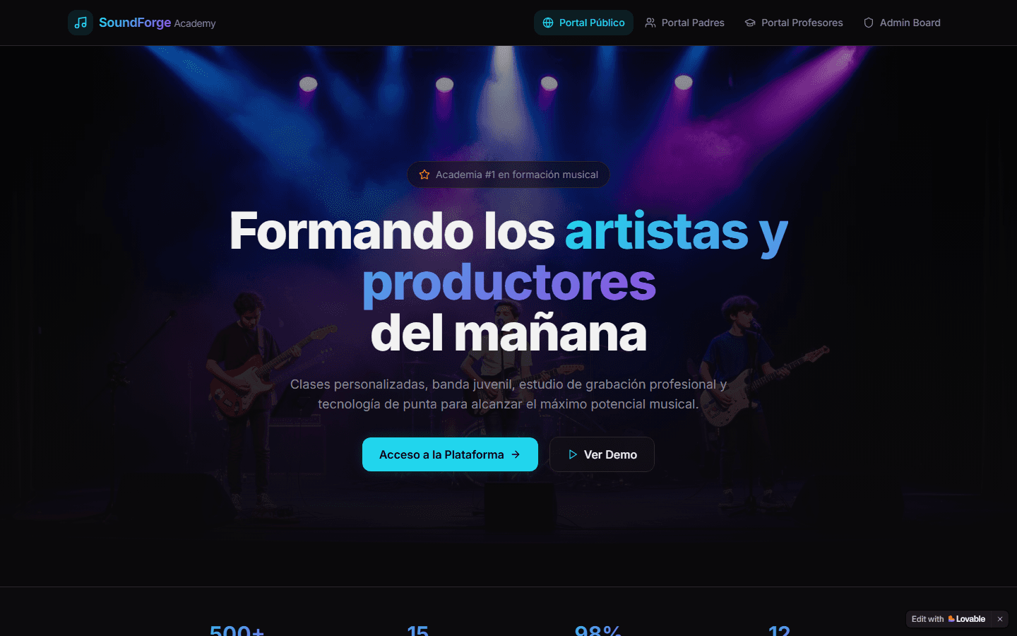 Vista de la aplicación demo para Academia de música
