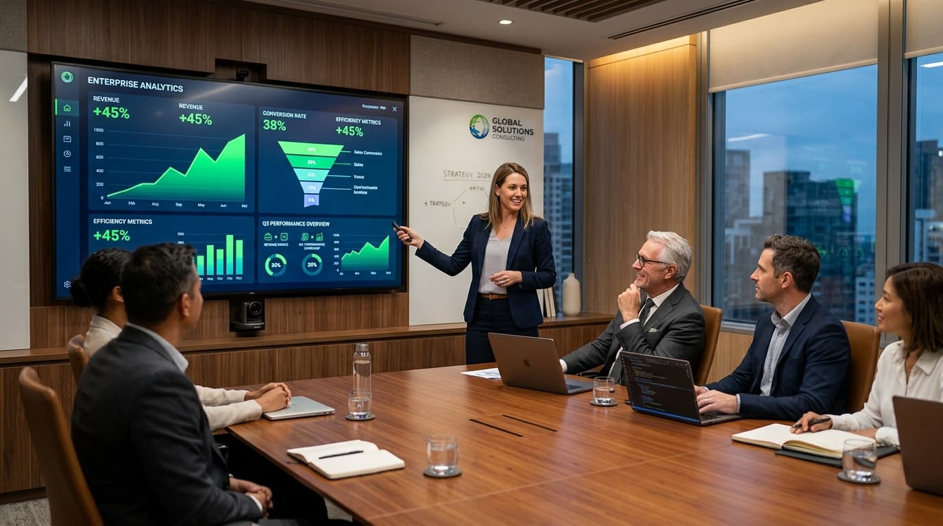 Directores comerciales y consultores analizando métricas de crecimiento y ventas