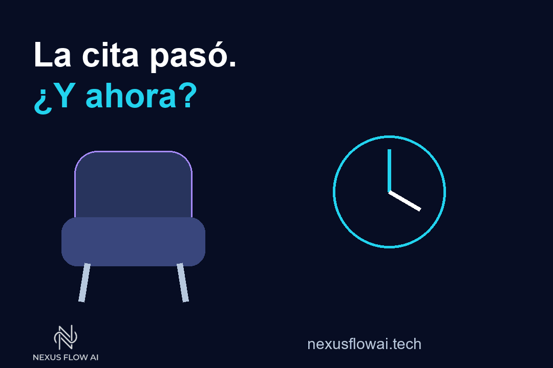 Ilustración original de una silla vacía y un reloj: el horario terminó, pero el resultado de la cita debe confirmarse. No representa clientes reales.