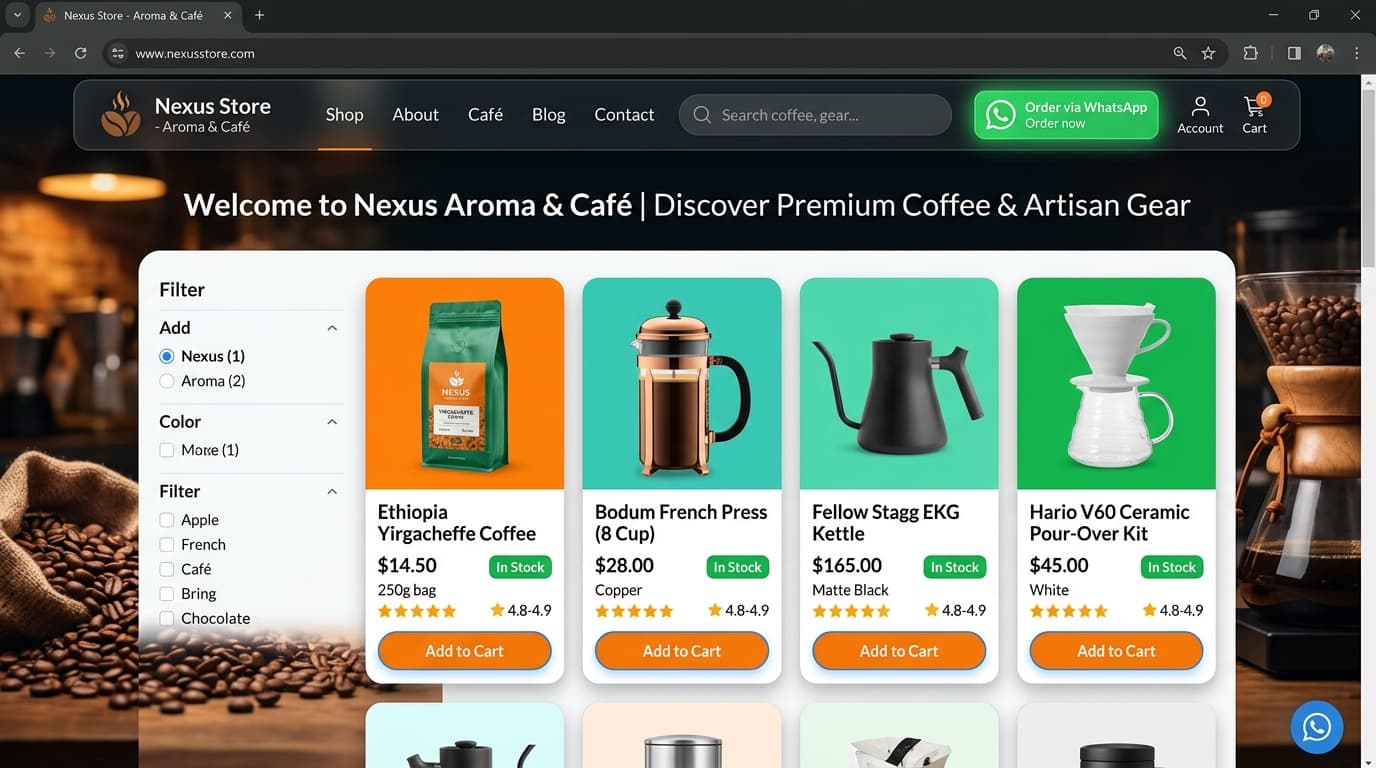 Pantalla de Nexus Store con catálogo interactivo y pedidos a WhatsApp